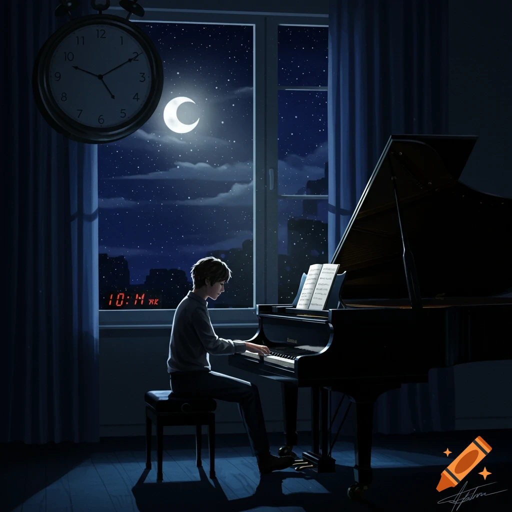 Illustration of a person playing a grand piano by a window at night with moonlight and a clock.