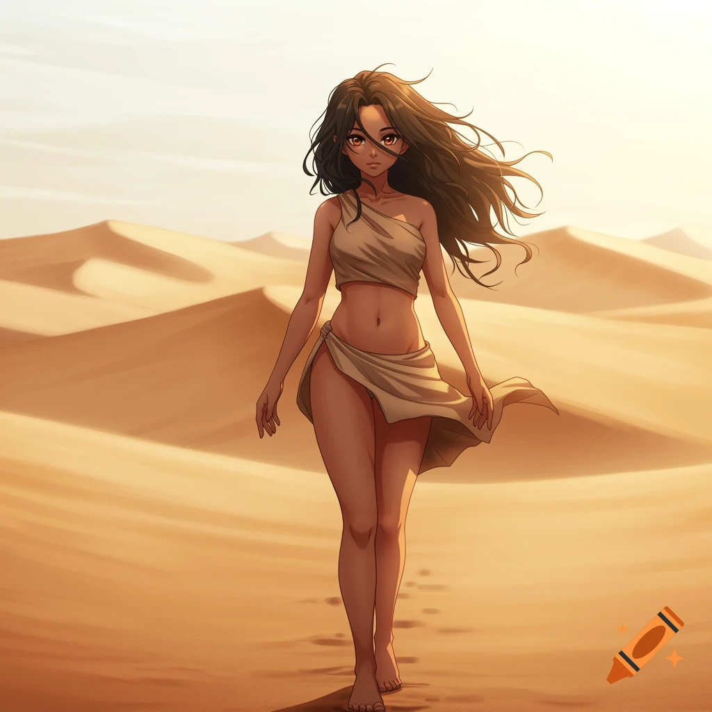 Anime girl in a loincloth walks through a sandy desert