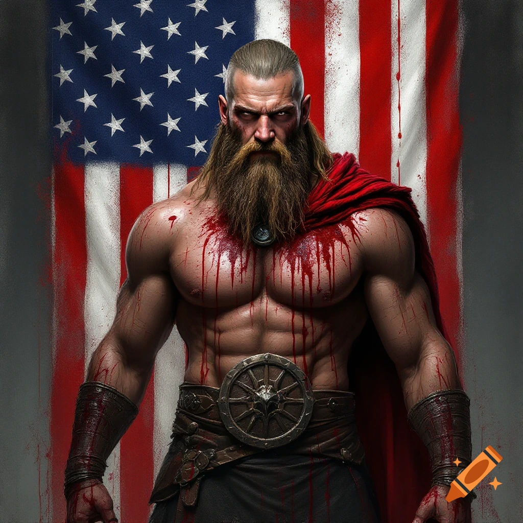 Muscular bearded warrior covered in blood stands before an American flag.