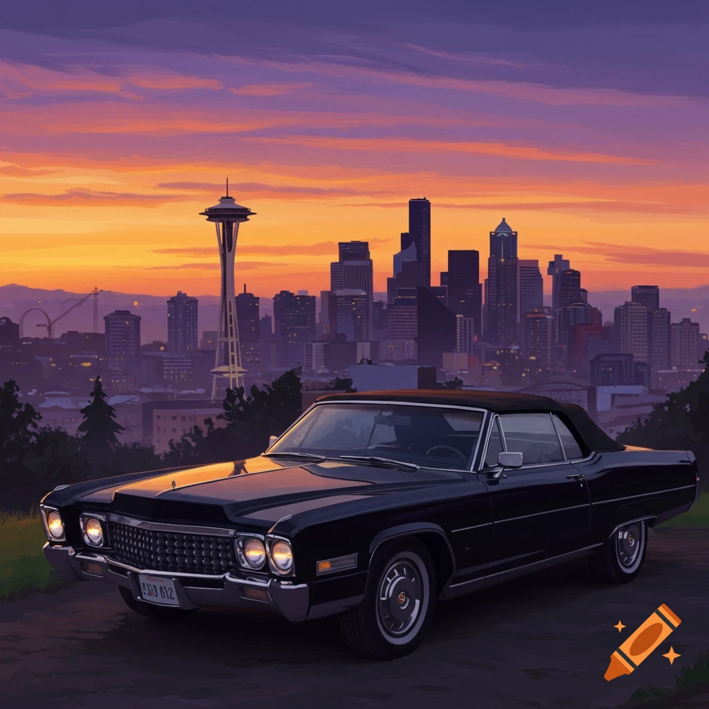A black Cadillac convertible parked before the Seattle skyline at sunset, in an illustrated style.
