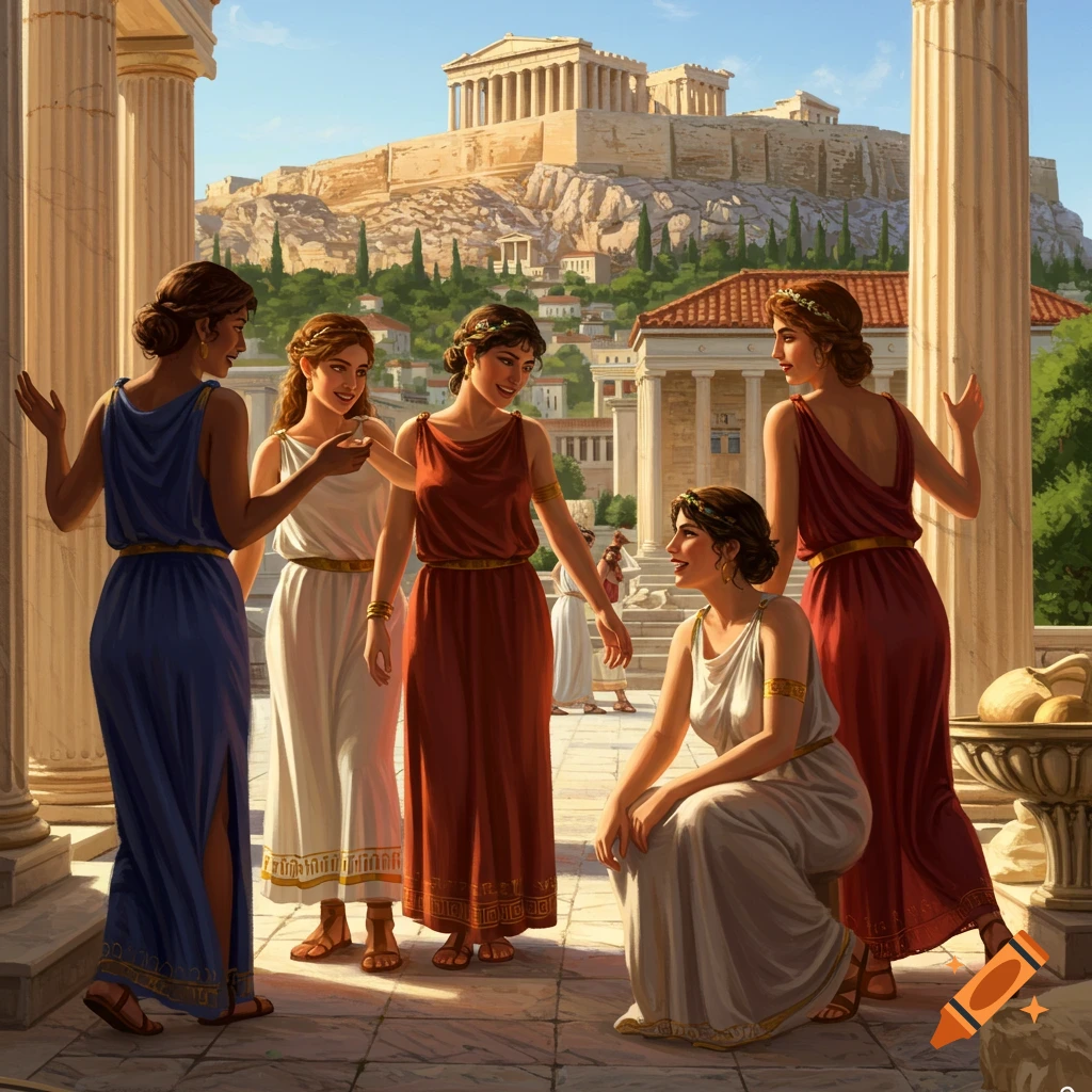 Illustration of women in ancient Greek dresses among columns with the Acropolis in the background.