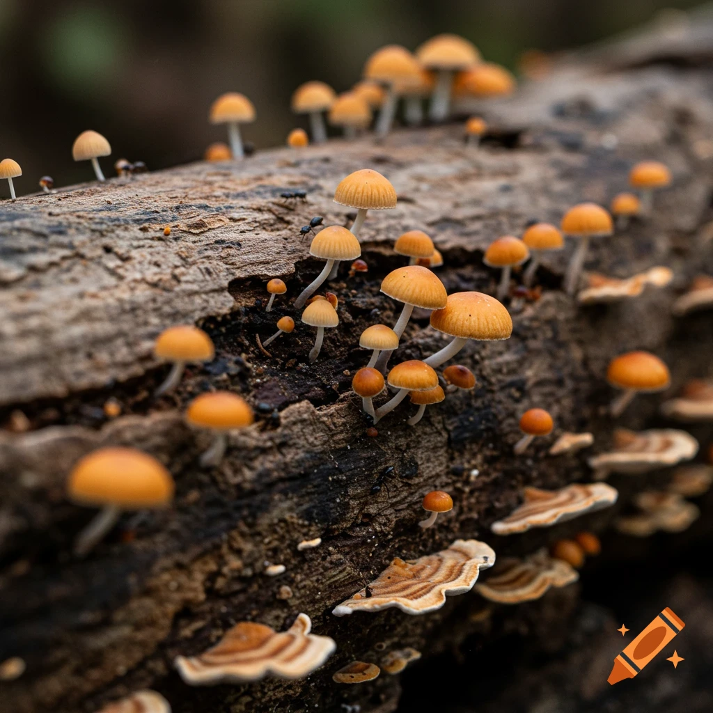 Close up of orange mushrooms and small ants growing on a rotting log.