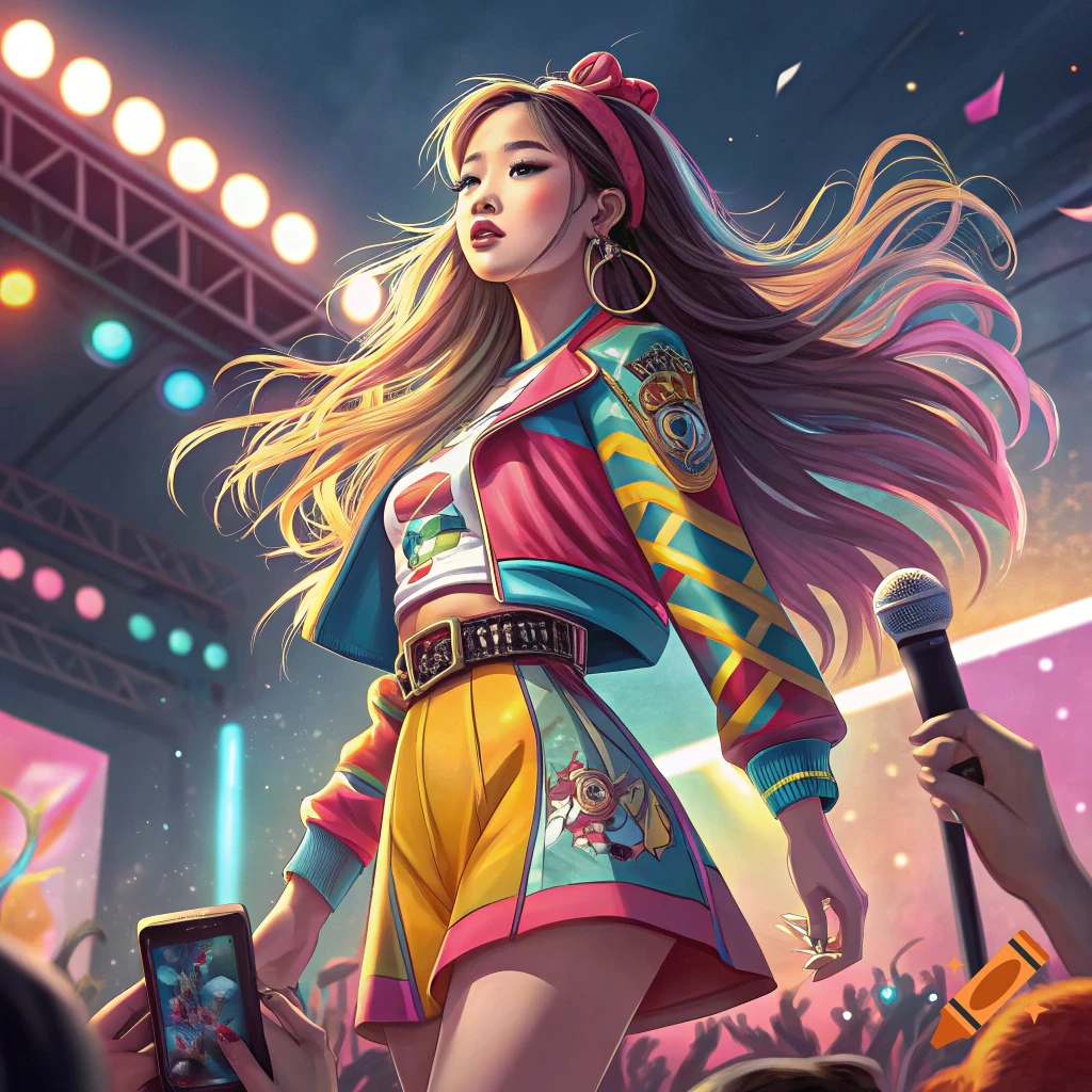 K-Pop idol performing on stage with vibrant lighting and costume.