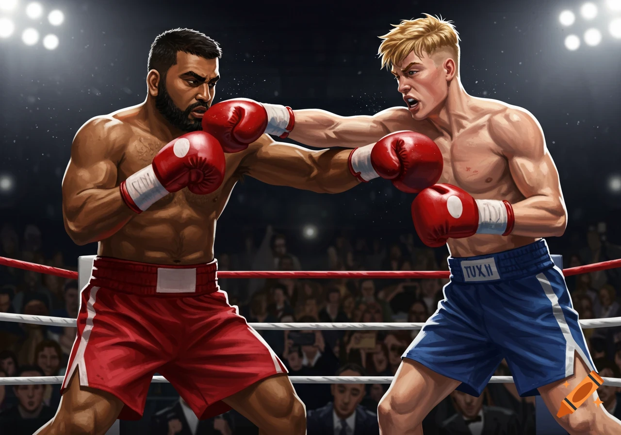 Illustration of two boxers trading punches in a boxing ring.