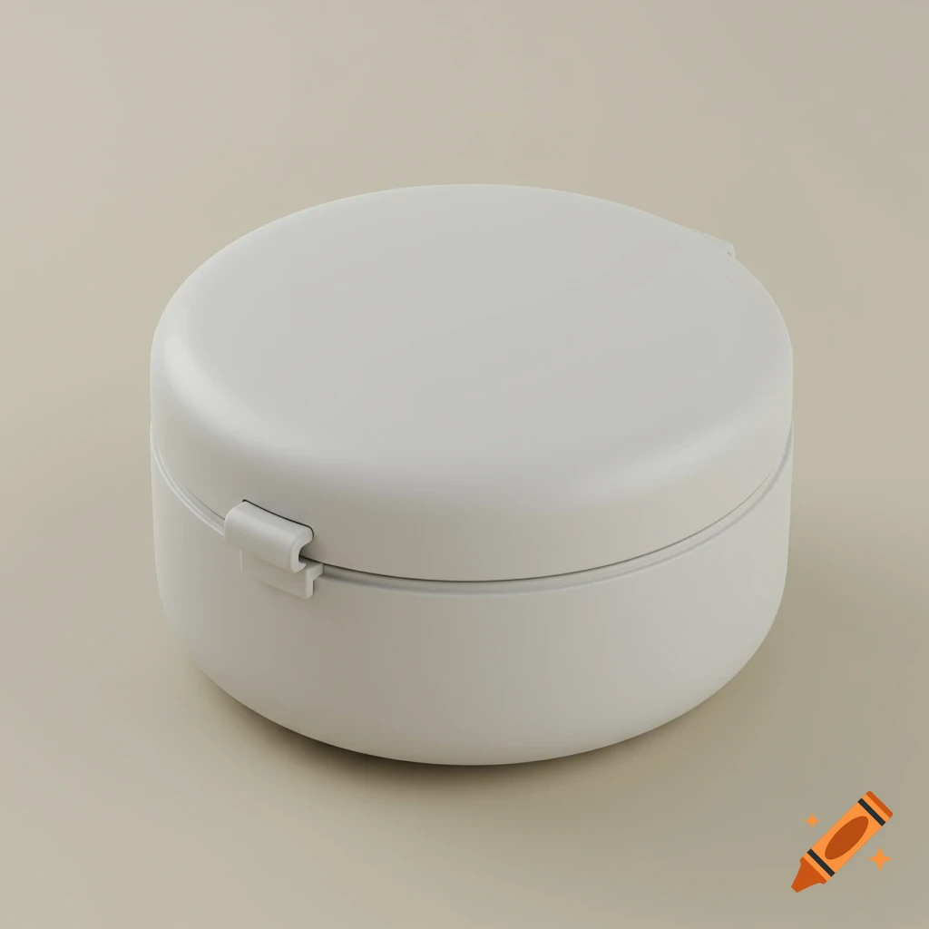 A white, round pill box with a hinge, rendered as a 3D model on a beige background.