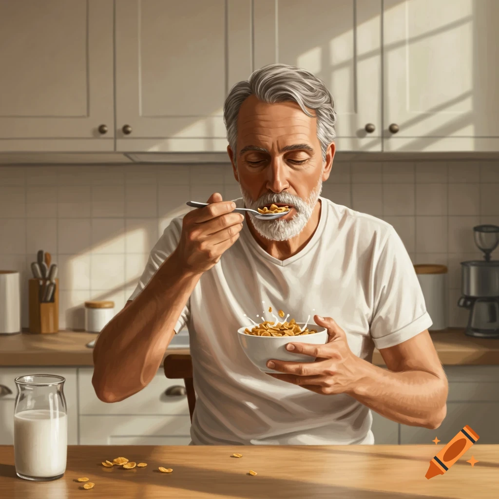 Older man eating cereal at a kitchen table in the morning light