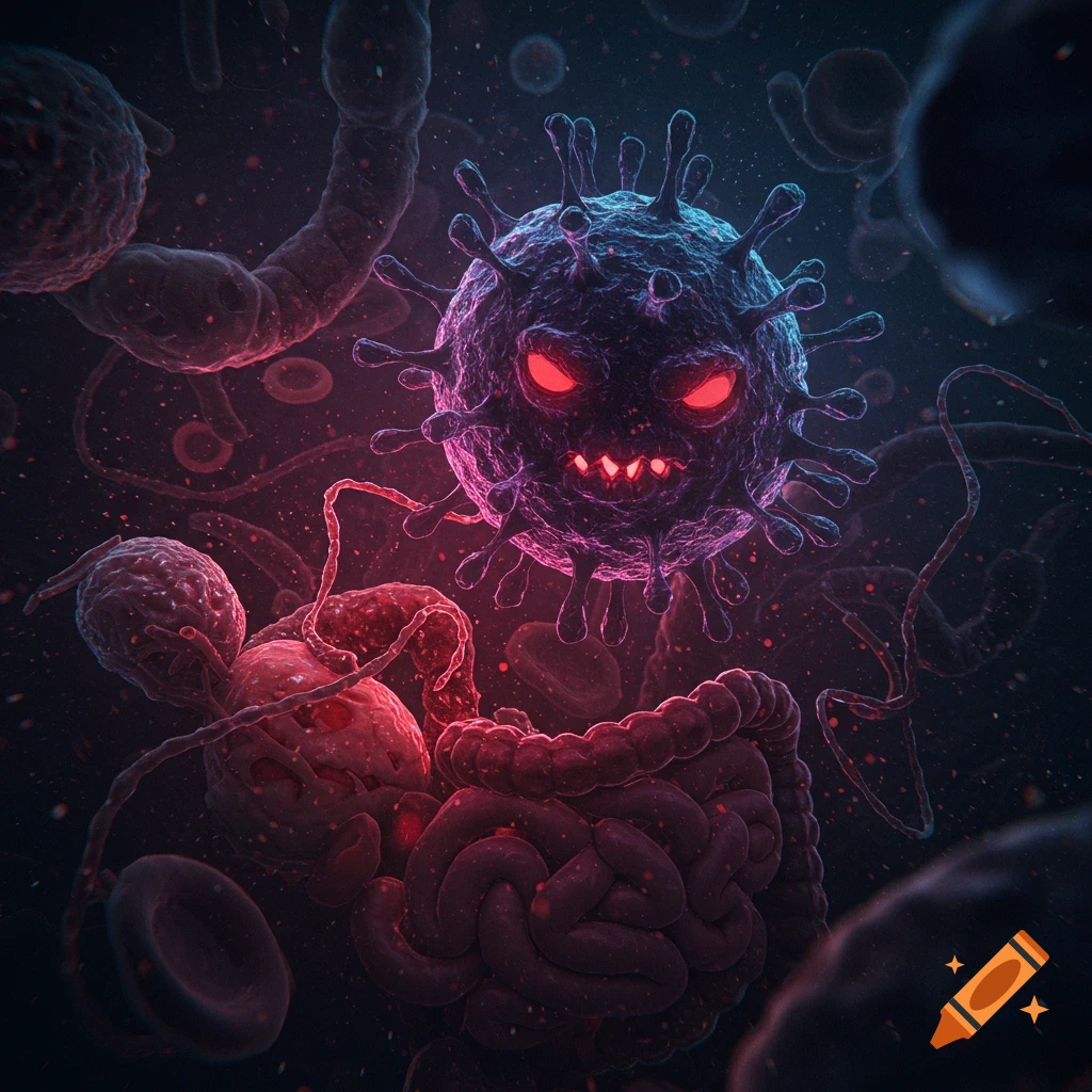 Microscopic illustration of a menacing virus attacking internal organs and blood cells.