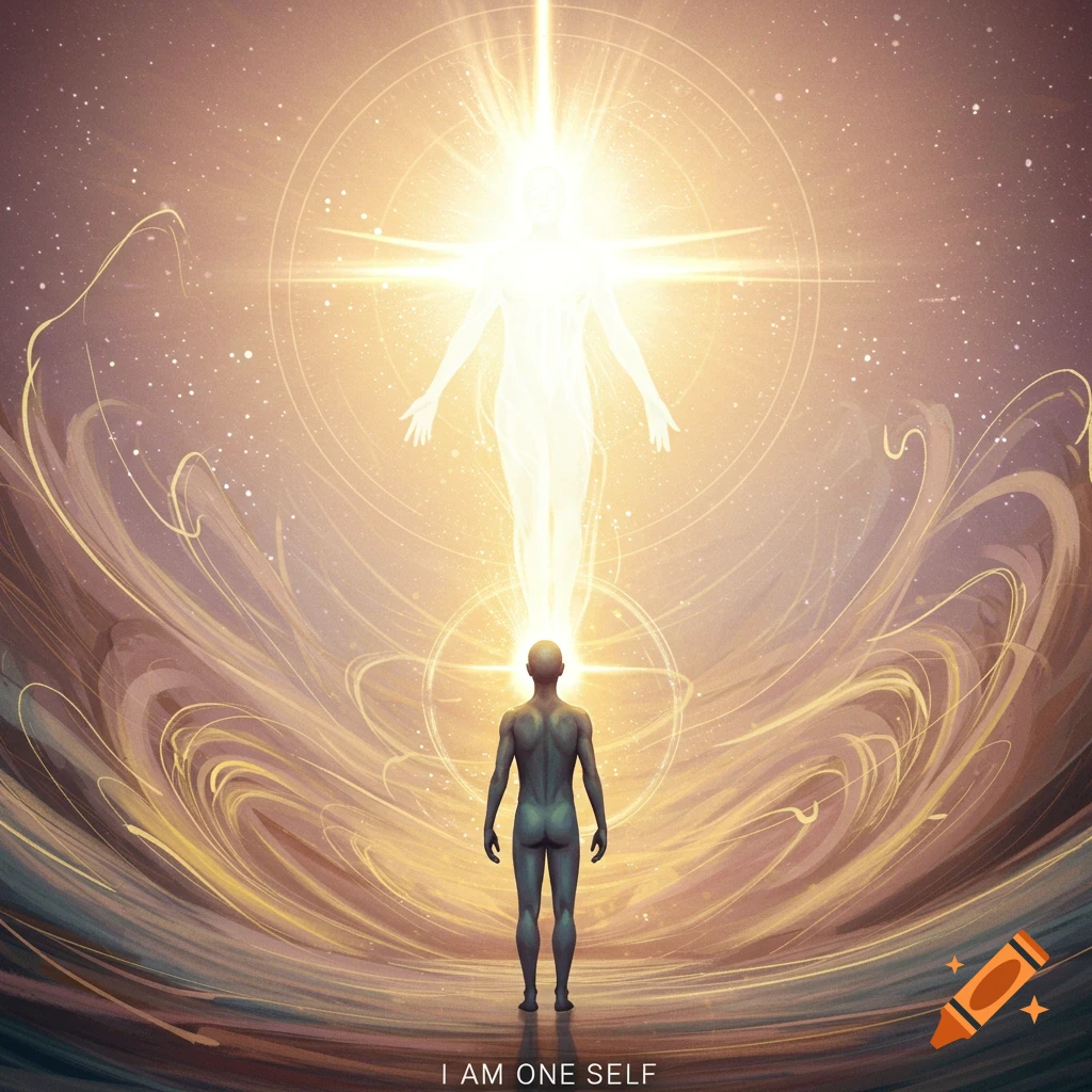 Figure looking up at a glowing spiritual form in a dynamic, energetic scene with text 'I AM ONE SELF'.