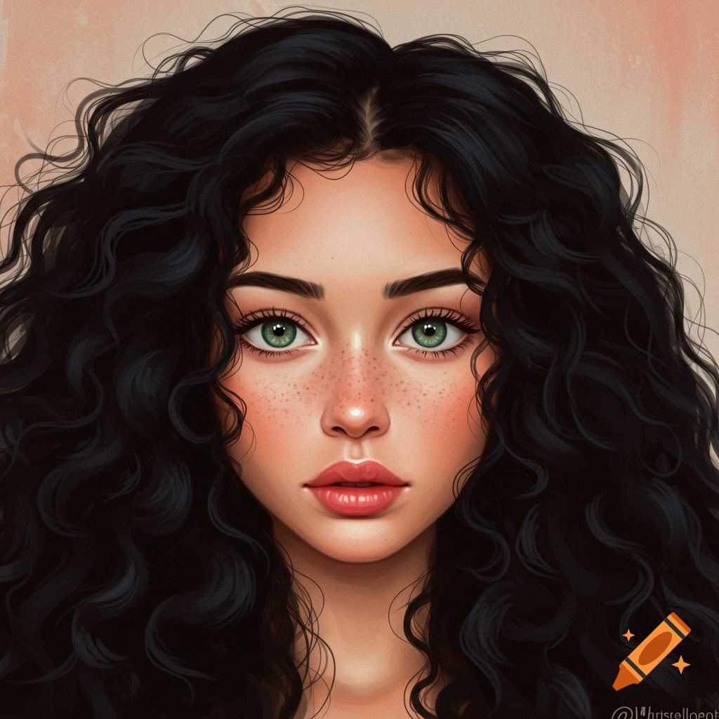 Digital illustration of a woman with long dark curly hair, green eyes, and freckles.