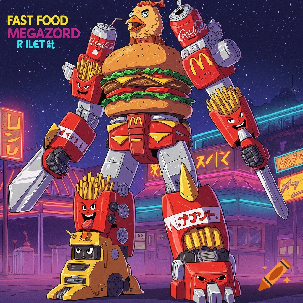 Cartoon illustration of a giant robot made of fast food items, including a burger body, fry box limbs, and soda can weapons, standing in a neon cityscape.