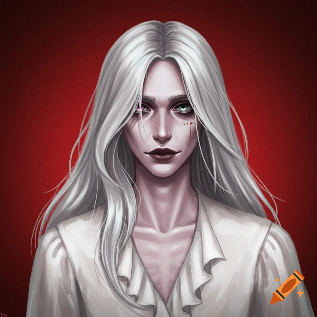 Illustrated portrait of a pale person with long silver hair and heterochromia eyes, wearing a white ruffled shirt against a red background.