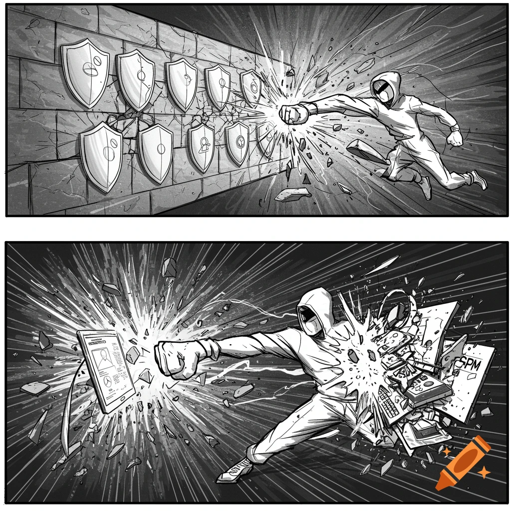 Comic panels show a hooded figure punching through shields, then tech devices, in a dynamic action style.