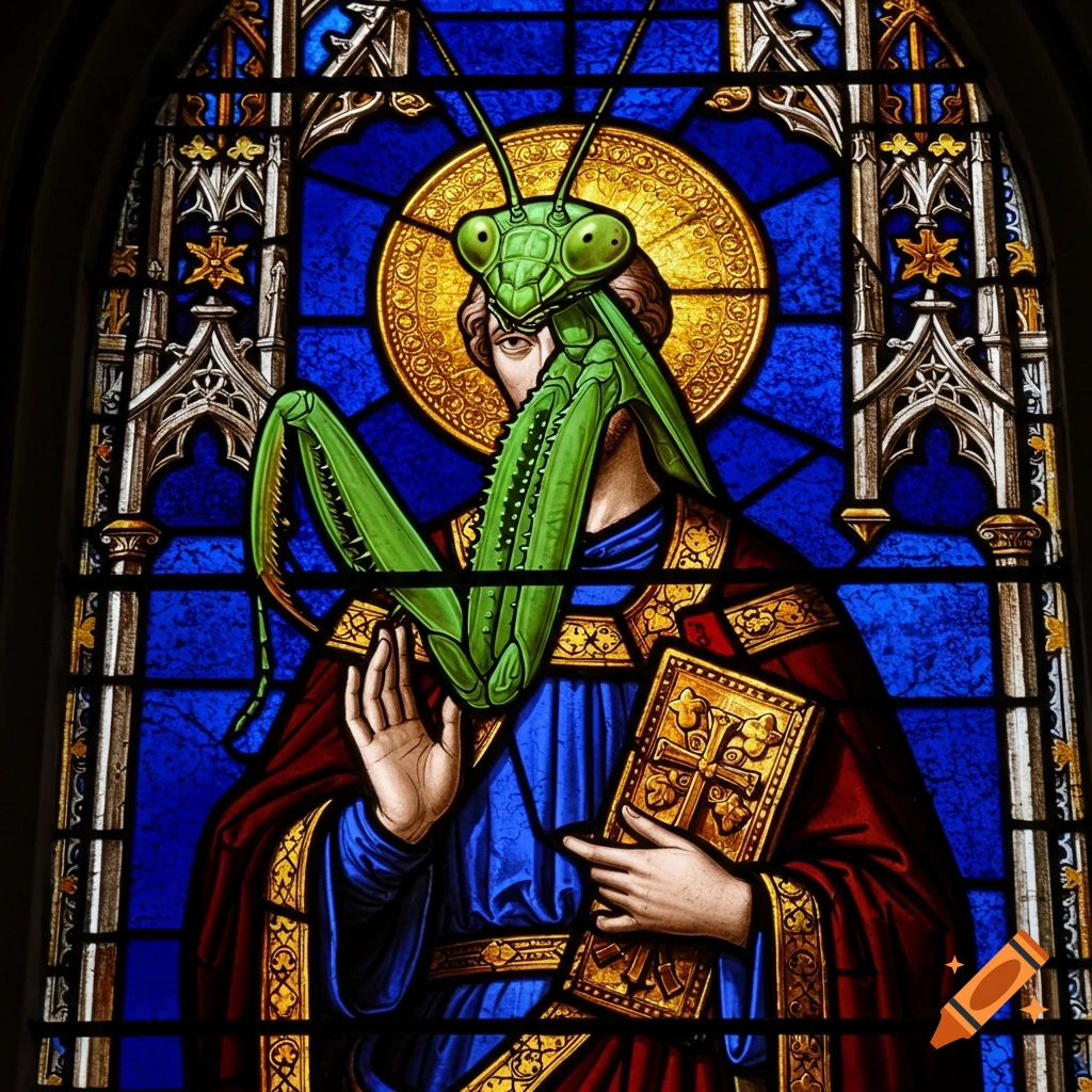 Stained glass window of a saint with a praying mantis head holding a book.