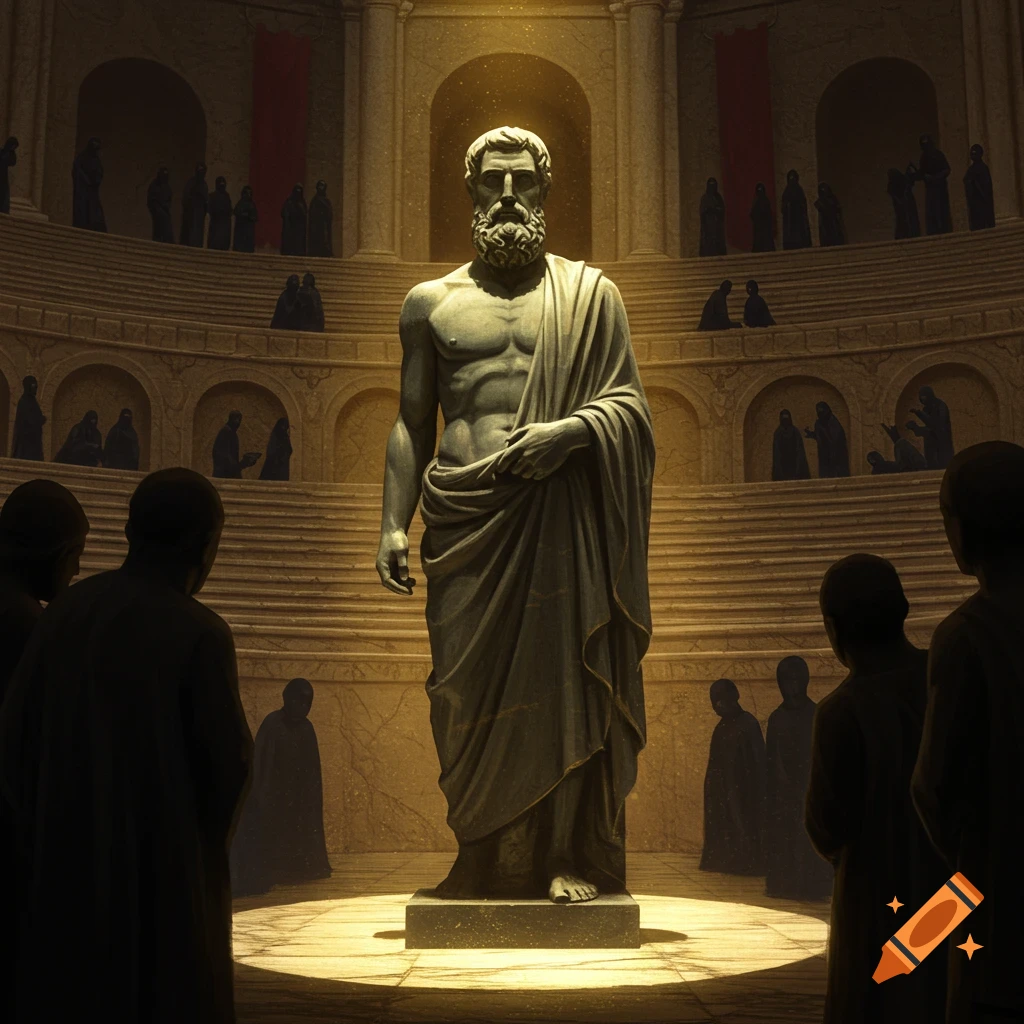 A statue of a Greek philosopher stands in a grand amphitheater, illuminated by a golden light with shadowy figures in the background.