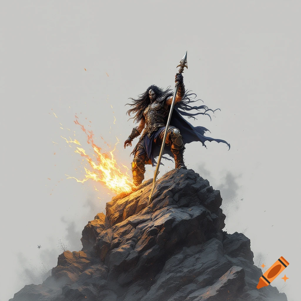A dramatic fantasy image of a dark warrior standing on a rock with a spear and fire, in a heavy metal style.