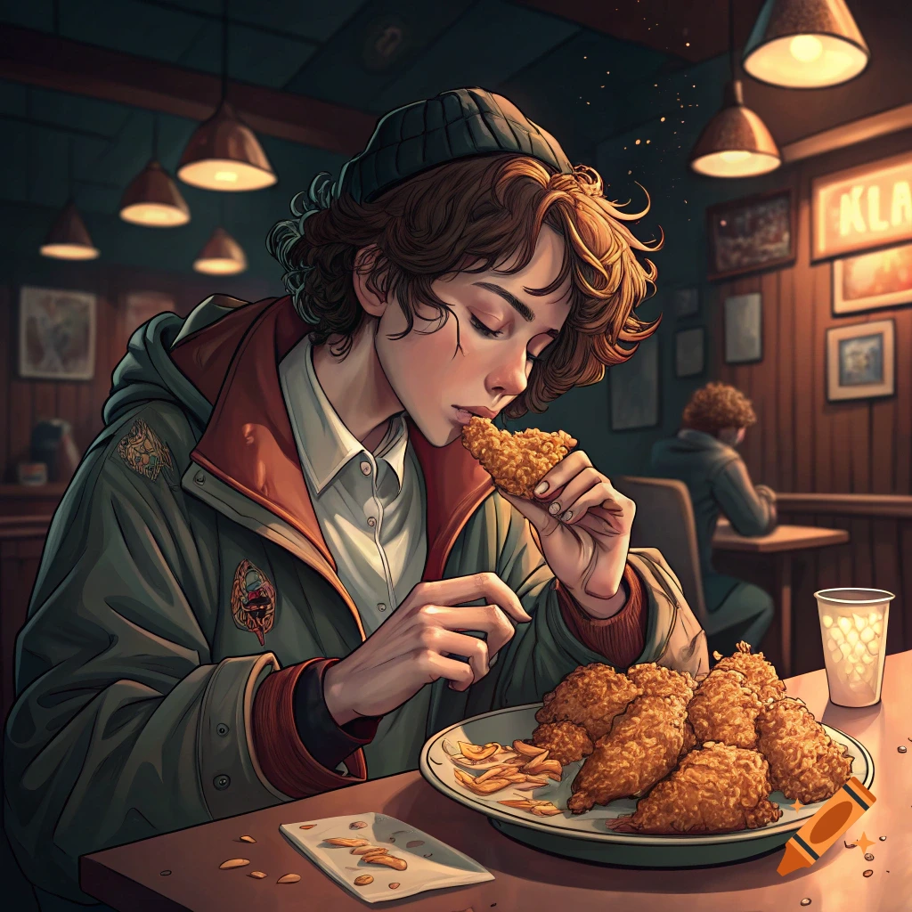 Stylized illustration of a person eating fried chicken at a diner.