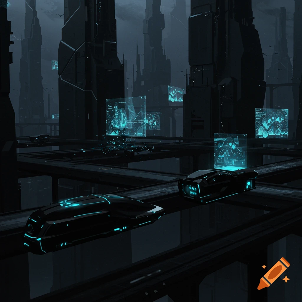 A dark futuristic city with tall buildings, flying vehicles, and glowing cyan holographic screens.