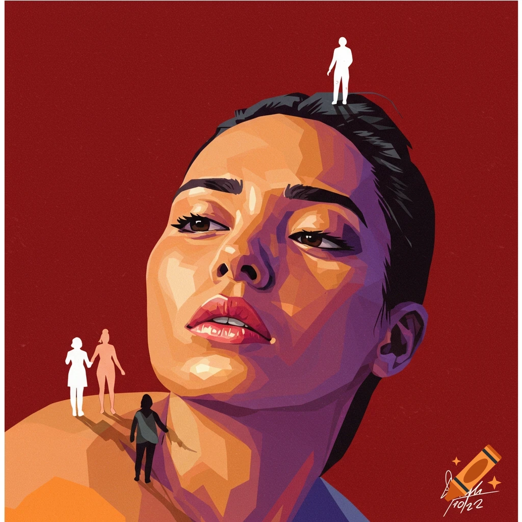 Close-up vector art portrait of a woman with small figures on her shoulder and head against a red background.