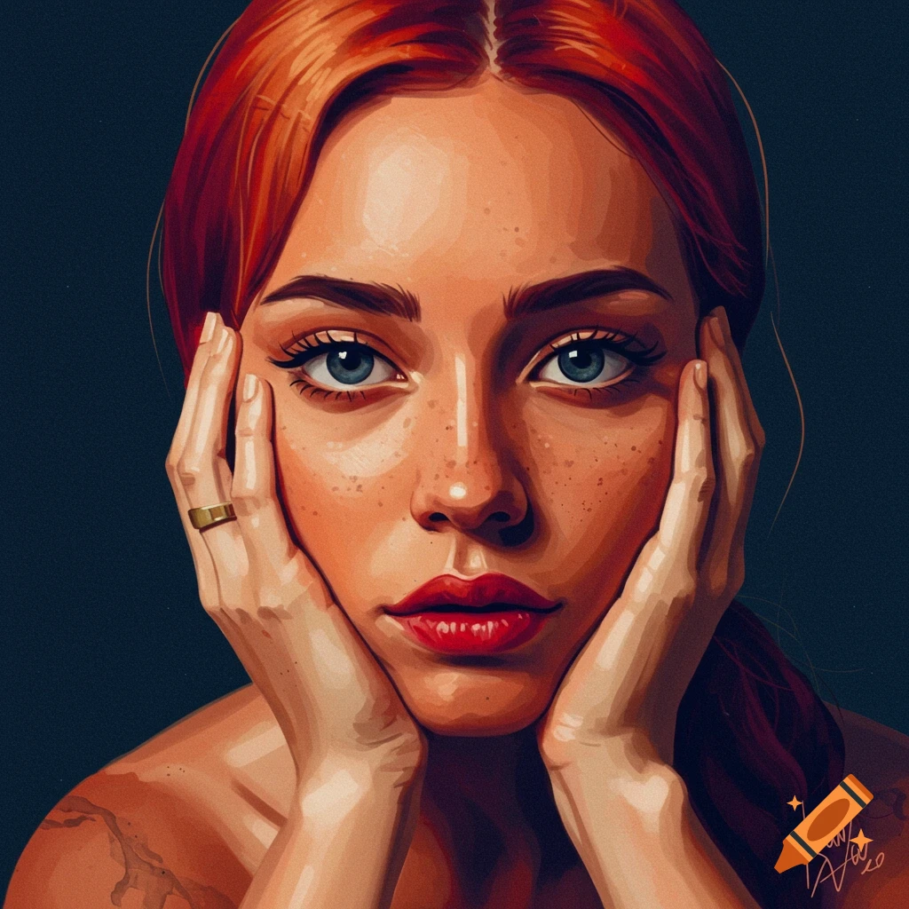 Stylized portrait of a woman with red hair, blue eyes, and freckles, holding her face.