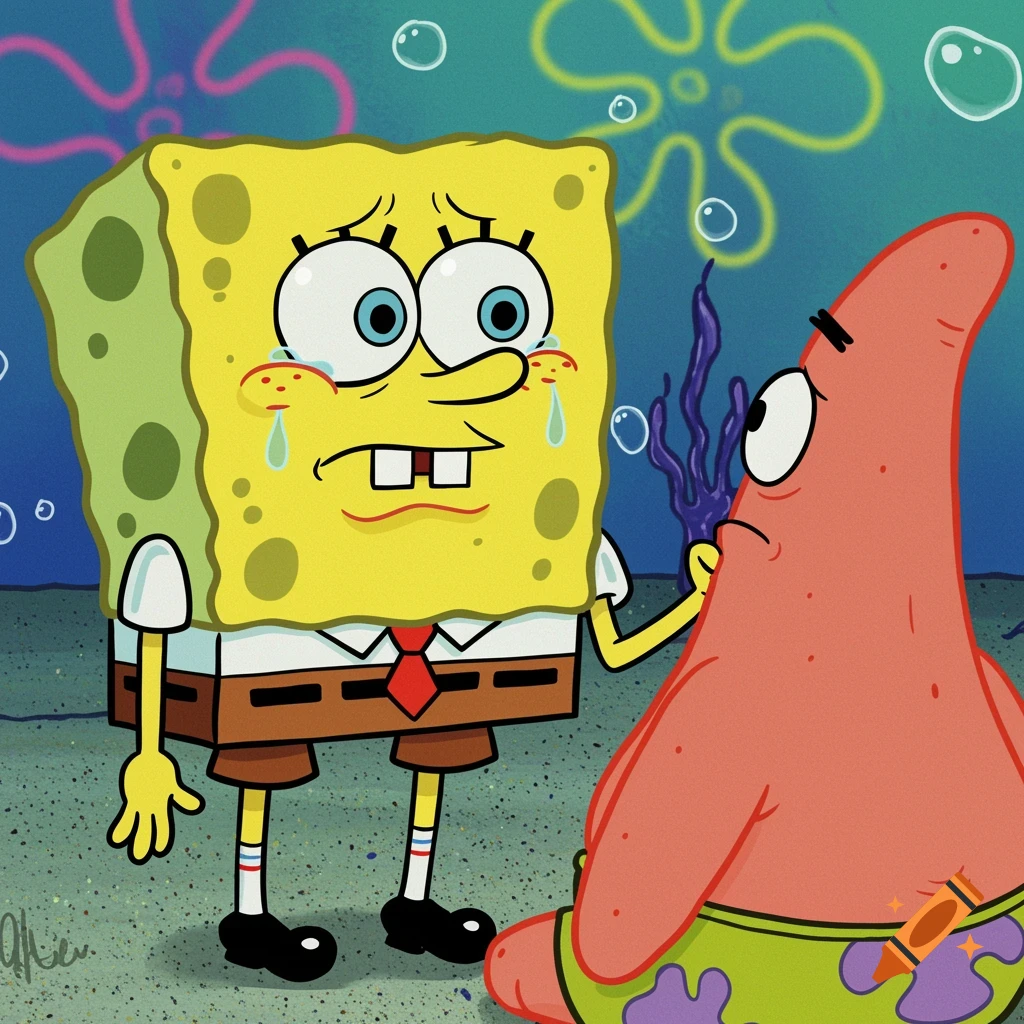 Spongebob Squarepants crying while Patrick Star looks on with concern, in the style of the cartoon.