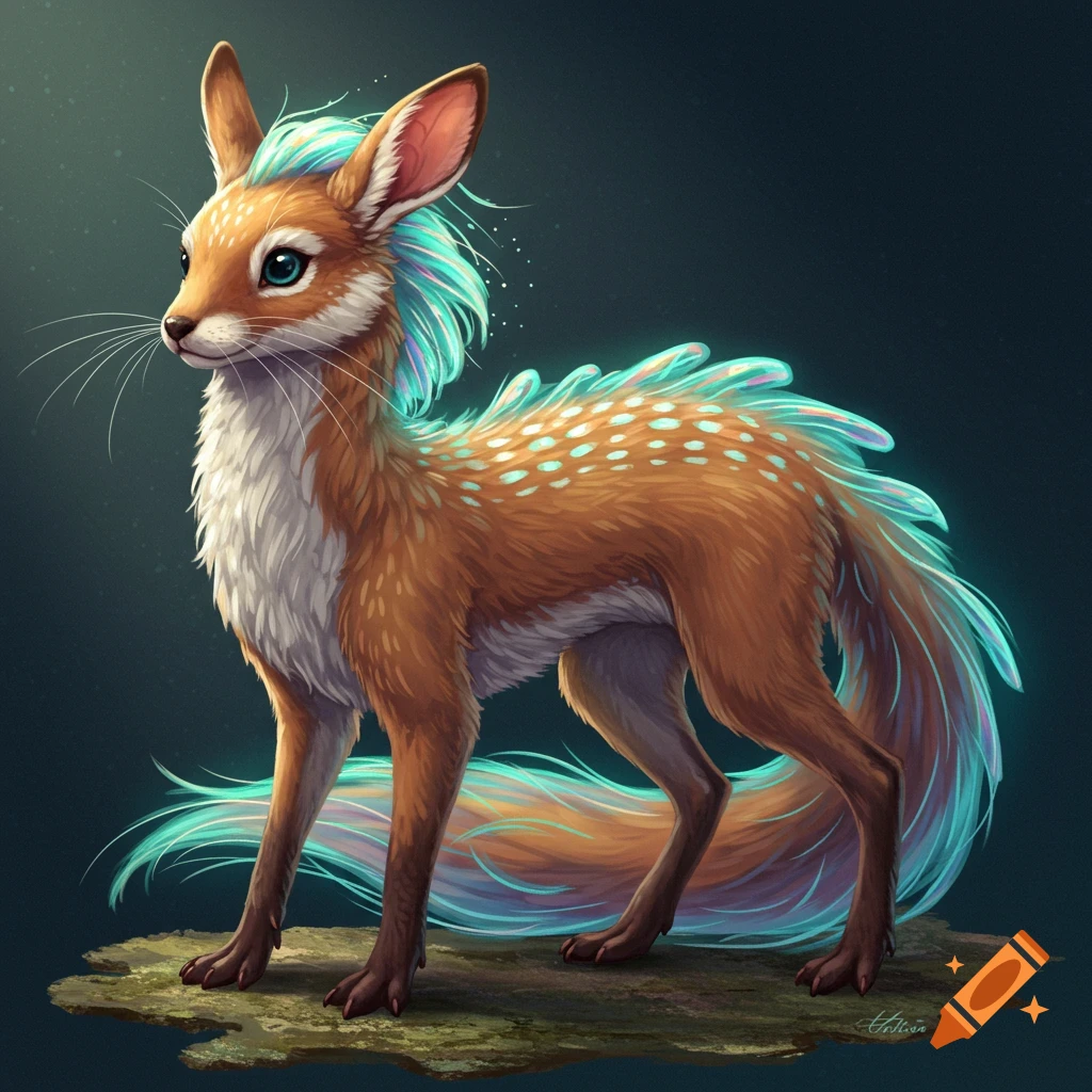 Illustration of a fantasy fox-like creature with glowing blue fur and spots standing on moss.