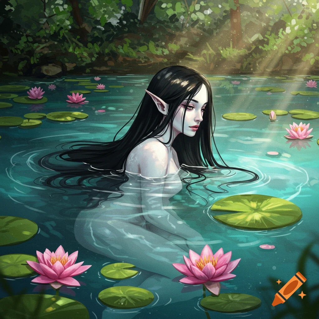 A water nymph with black hair sits in a pond among lily pads in a sunlit forest.