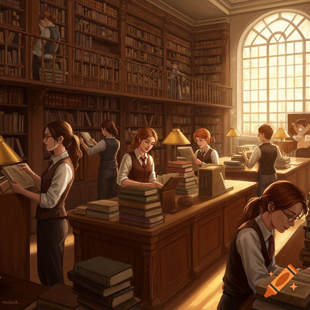 Librarians reading and organizing books in a large, sunlit library.