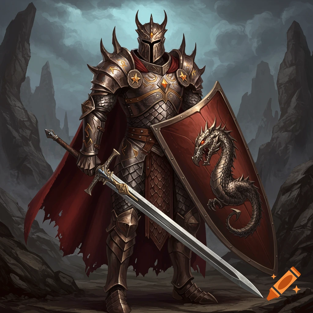 An armored fantasy knight with a sword and a red shield featuring a silver dragon emblem stands in a rocky landscape.