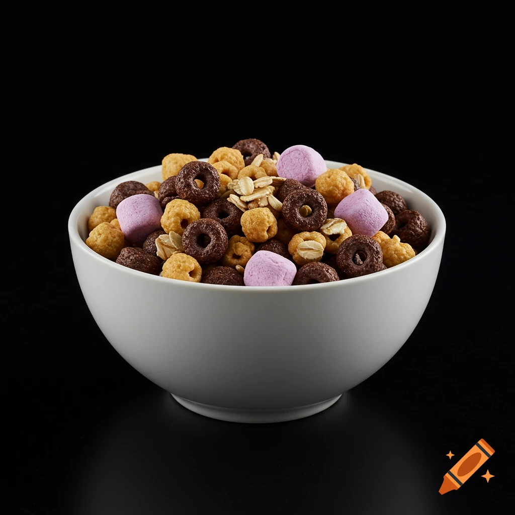 A white bowl filled with cereal, oats, brown ring puffs, and purple marshmallows on a black background.