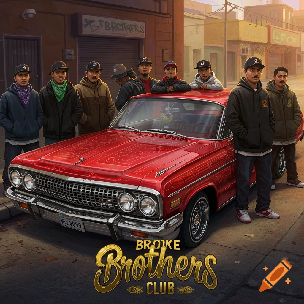 Illustration of a group of men standing around a red lowrider car in an urban setting.