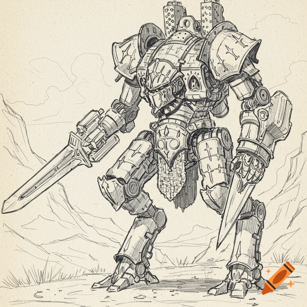Pencil sketch of a fantasy medieval mecha robot holding two swords.