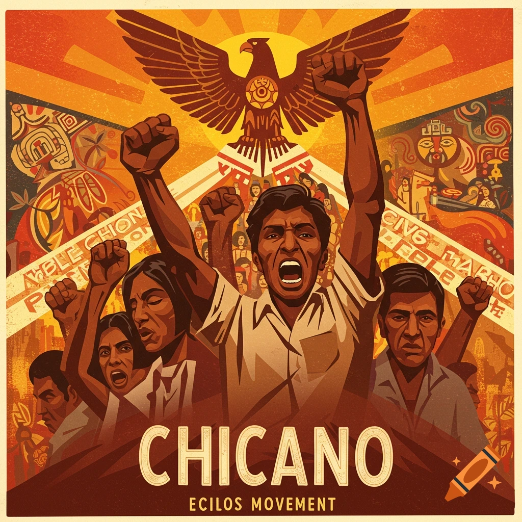 Graphic poster of people raising fists under an eagle symbol with text 'CHICANO'.