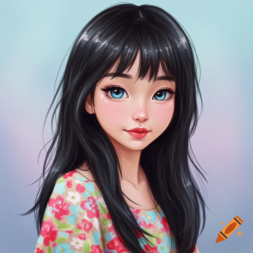 Portrait of a pretty girl with dark hair and blue eyes in an anime illustration style.