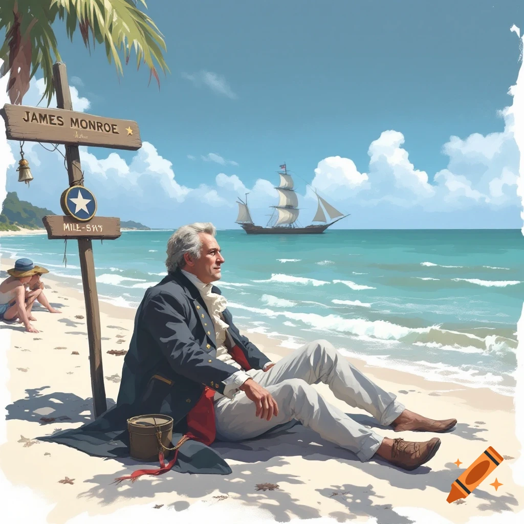 James Monroe sits on a beach under a sign, watching a sailing ship on the ocean.
