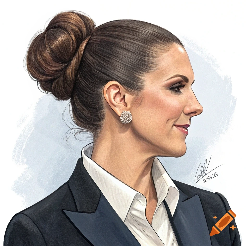 Illustration of a woman in a suit with her hair in a bun.