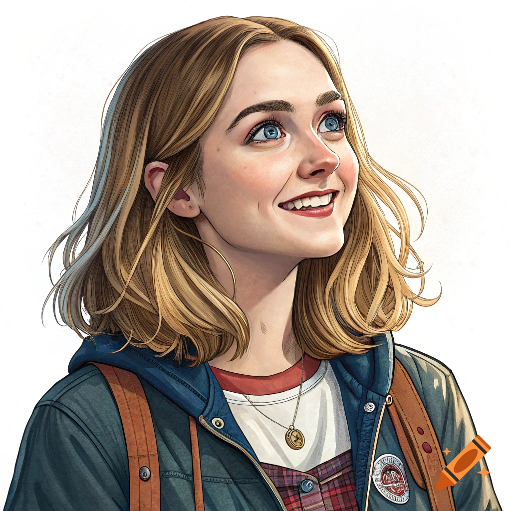 Illustration of a smiling young woman with blonde hair and blue eyes looking up, wearing a jacket and backpack.