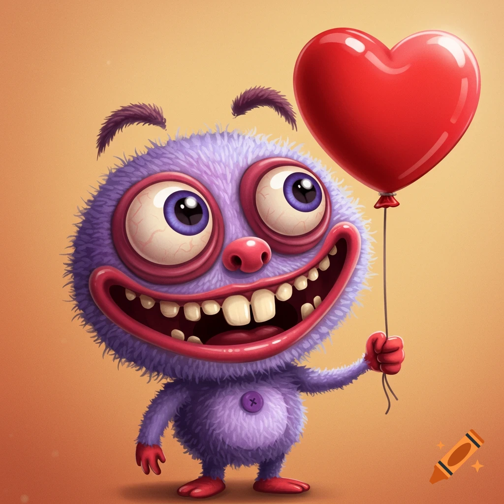 Cartoon illustration of a funny purple fuzzy monster holding a red heart balloon