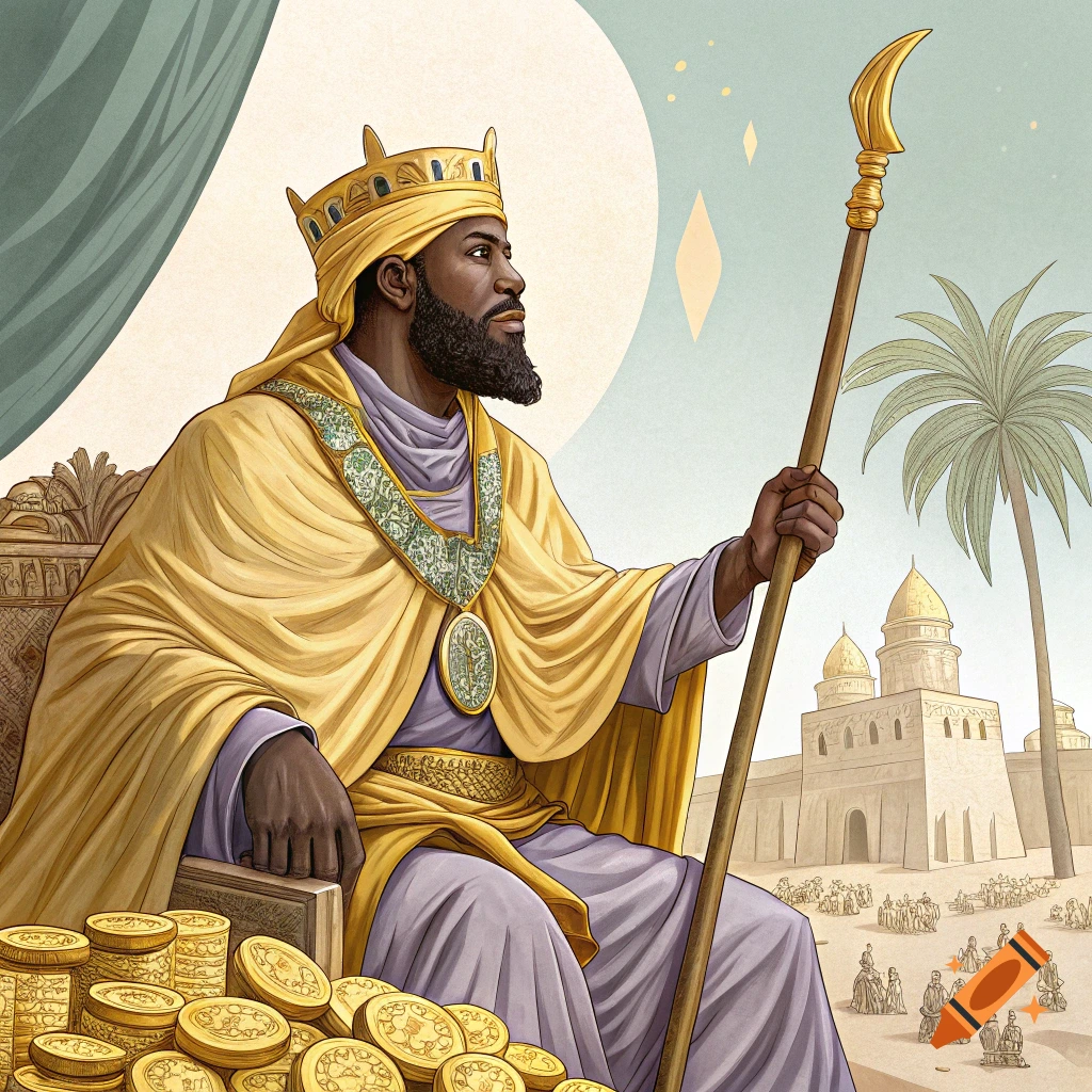 Illustration of a king in gold robes and crown sitting on a throne with piles of gold