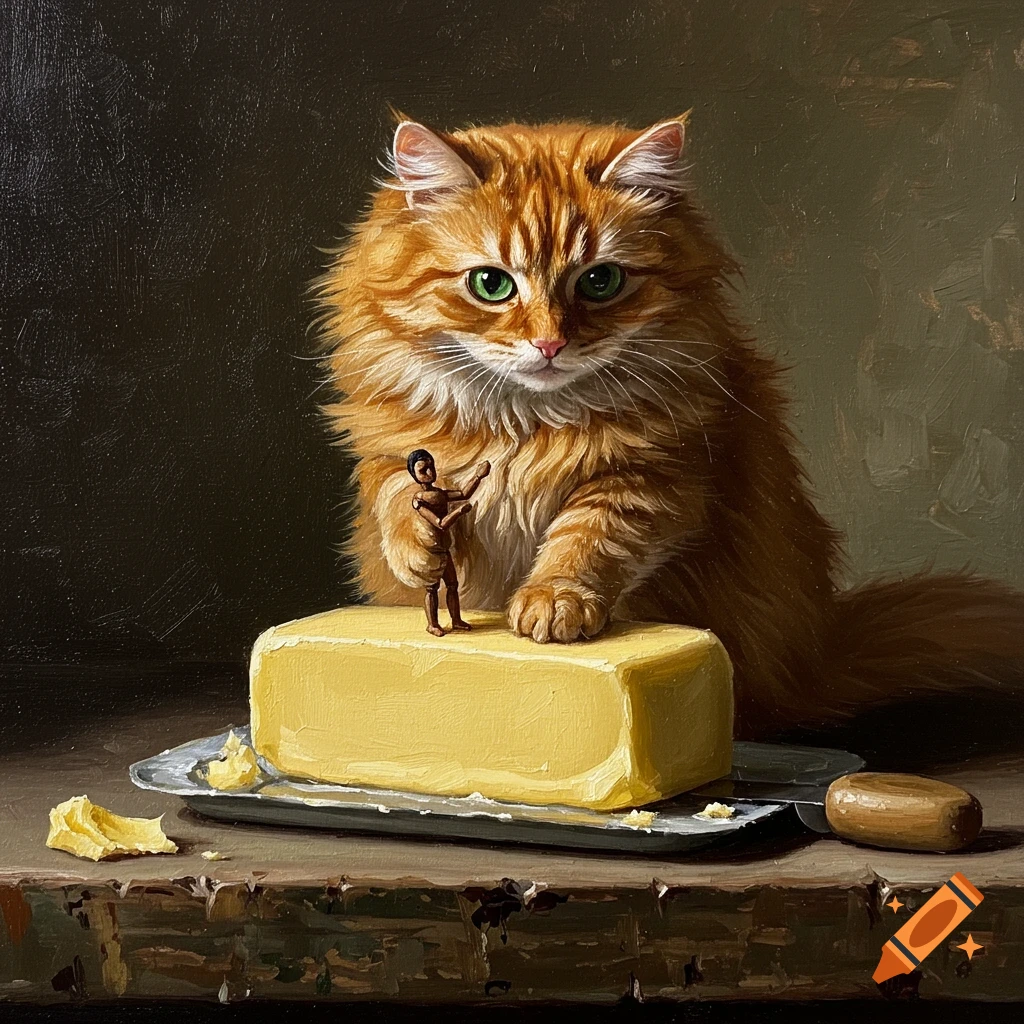 Oil painting of an orange cat next to a stick of butter with a tiny wooden figure on top.