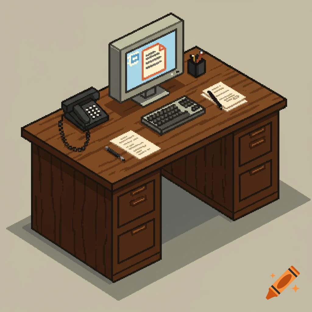 Pixel art image of an office desk with a computer, phone, and papers.