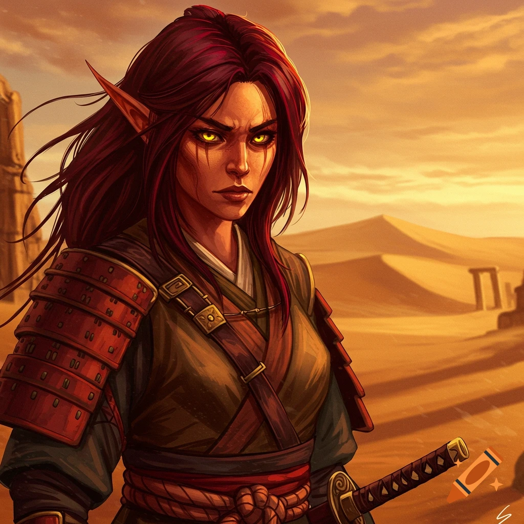 Serious half-elf woman with yellow eyes and red hair in samurai armor in a desert.