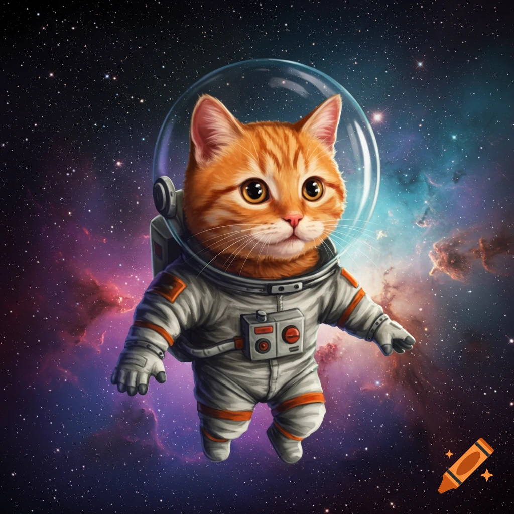An orange tabby cat wearing an astronaut suit floats in space with stars and nebulae behind it.