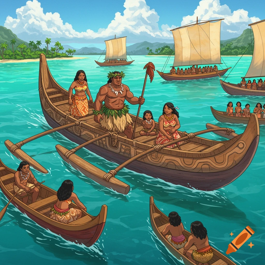 People in outrigger canoes and sailing boats on tropical water