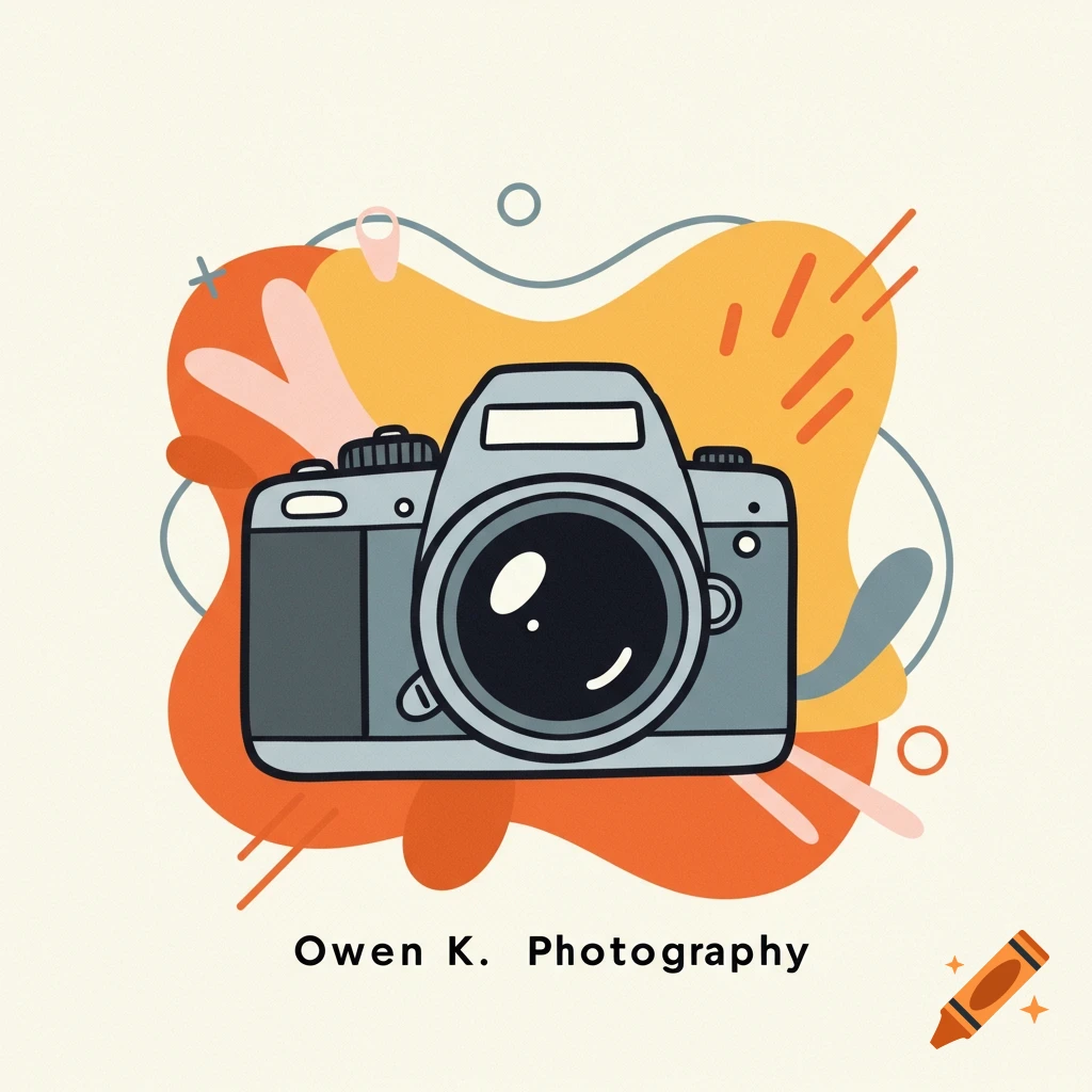 Stylized clip art illustration of a camera with abstract shapes and text that reads 'Owen K. Photography'.