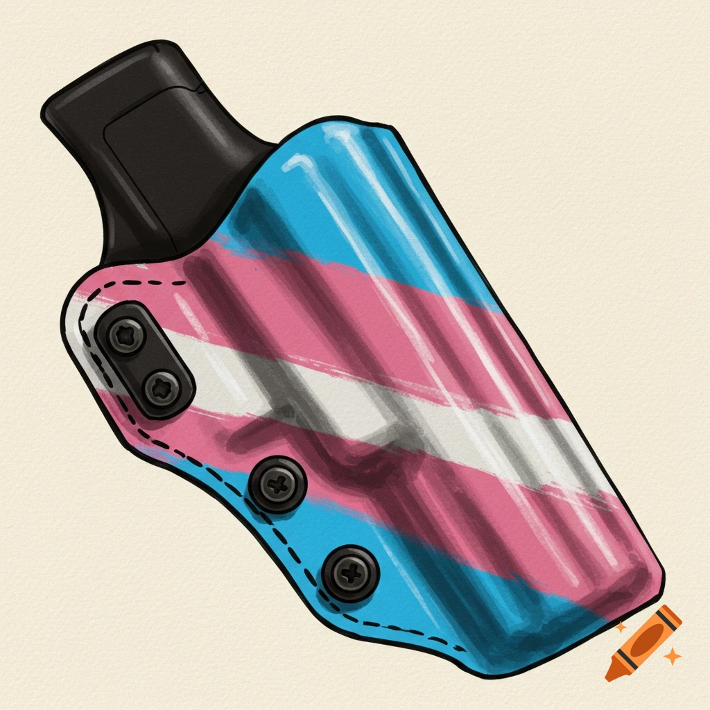 An illustration of an appendix holster with a blue, pink, and white striped pattern resembling the trans flag.