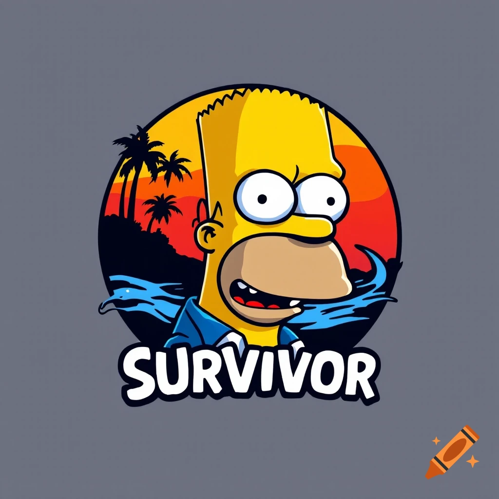 Cartoon Bart Simpson-like character logo with sunset island background and the text SURVIVOR.