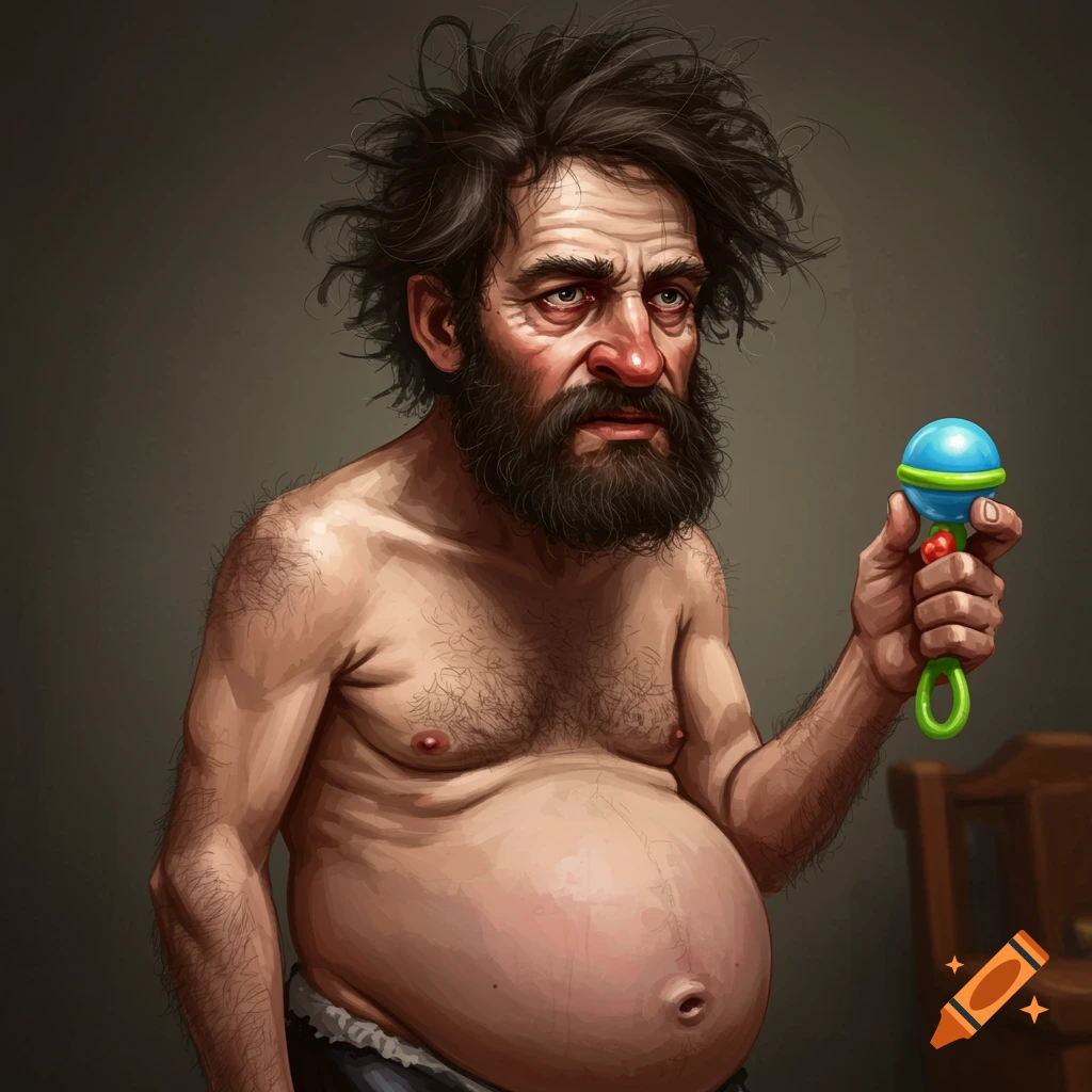 Disheveled man with large belly holds a baby rattle; digital illustration.