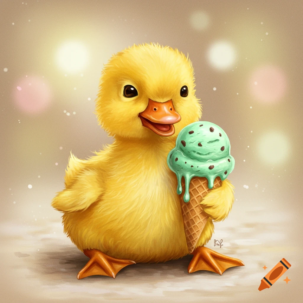 Cute baby duck holding a melting mint chocolate chip ice cream cone. on  Craiyon, image size:1024x1024