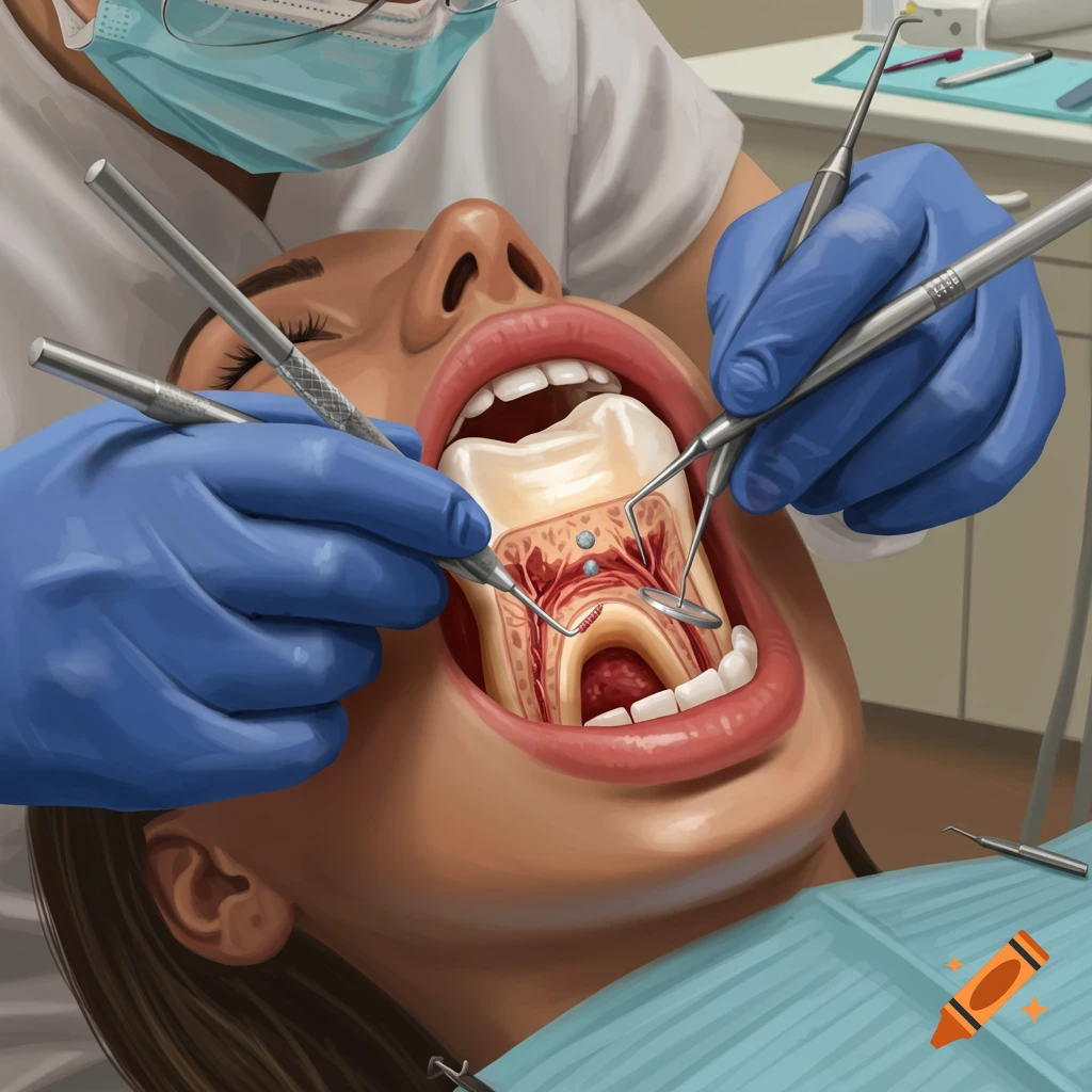 Illustration of a dentist performing a root canal procedure, showing a cross-section of the tooth.