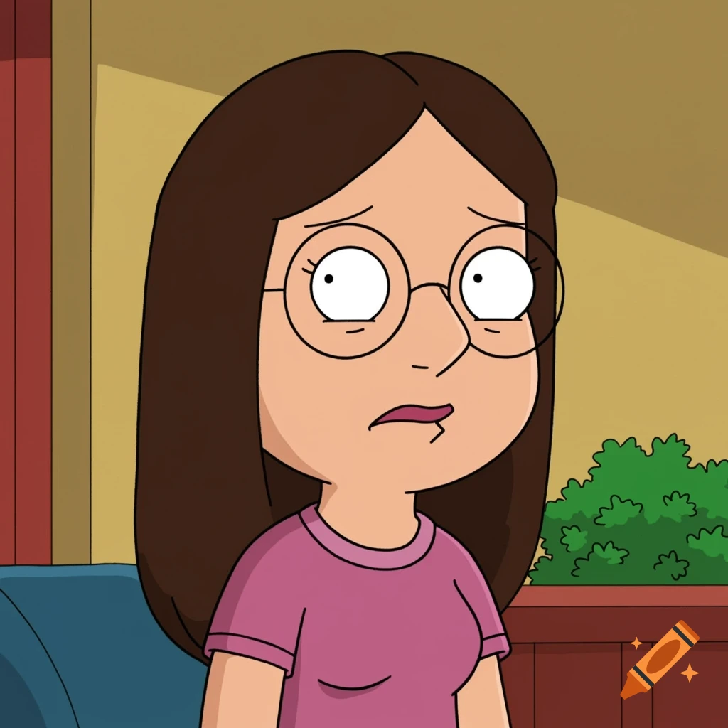 Cartoon portrait of a worried woman with brown hair and glasses wearing a pink shirt.